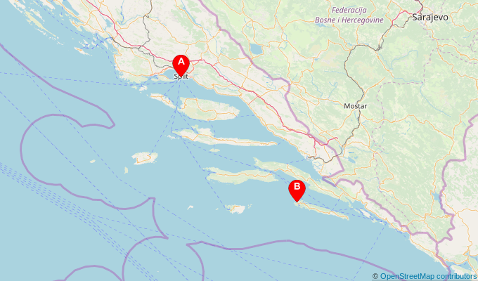 Map of ferry route between Split and Pomena (Mljet)